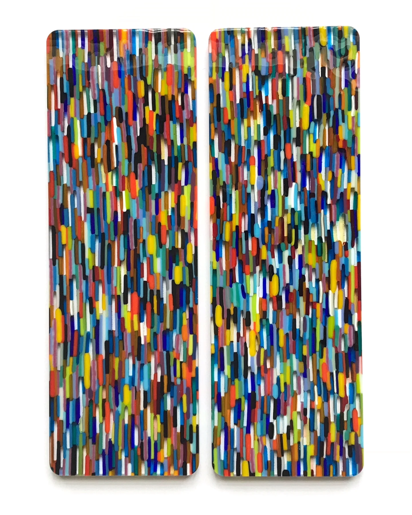 Rush Hour: two tall panels with dense, multicoloured glass marks
